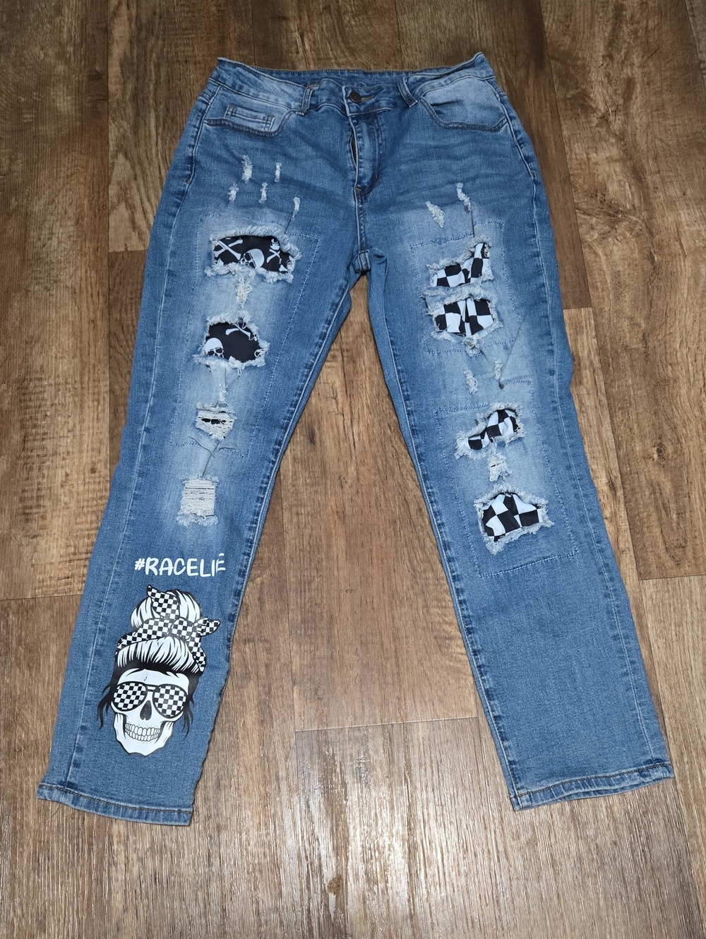 Blue Distressed Women's Jeans with Checker Patch